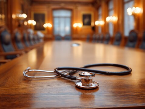 Stethoscope on wooden table in a conference room