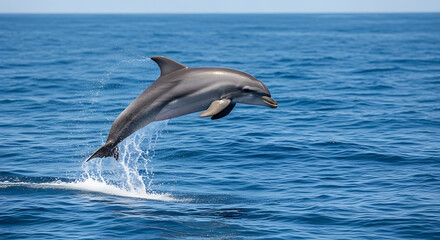 Fototapeta premium A dolphin leaps out of the ocean water with splash and blue sea background on a sunny day view