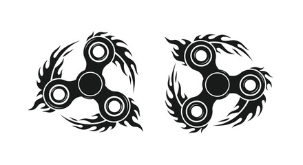 Two black stylized fidget spinner designs with flame like extensions