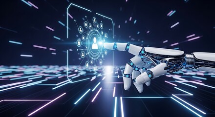 Robotic hand interacting with a digital interface displaying a network of people, symbolizing ai and human connection in technology