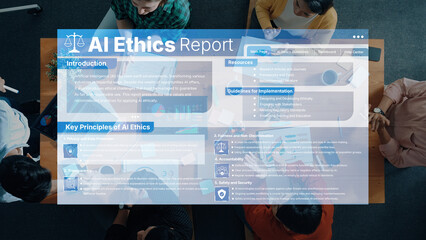 This image illustrates a collaborative discussion on AI ethics, presenting an overview of key principles and essential resources for ethical practices in technology. Trope