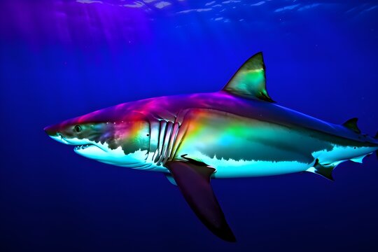 Great White Shark Swimming in Vibrant Blue Water - Powered by Adobe