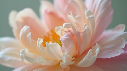 Fototapeta premium Closeup of a delicate pale pink peony flower with soft petals and a vibrant yellow center, showcasing intricate details and gentle lighting