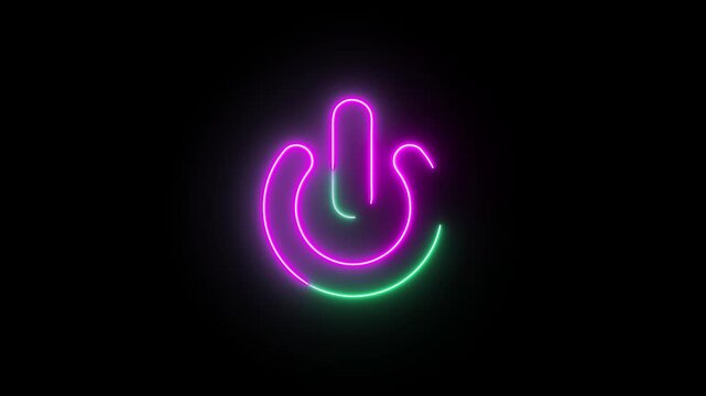 Vibrant neon glowing power button icon illuminating in pink and green, symbolizing digital control and modern technology interface, a bright electric switch graphic design element