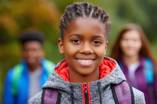 Diverse group of kids enjoying an autumn hike, radiating happiness and curiosity in a forest filled with golden fall colors.