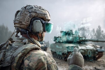 Soldier using vr to control tank outdoors