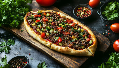 Turkish pide traditional food with beef and vegetables. Top view