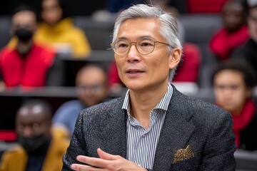Middle-aged Asian lecturer engaging with students in a classroom setting, presenting educational material with enthusiasm and professionalism, fostering a dynamic learning environment