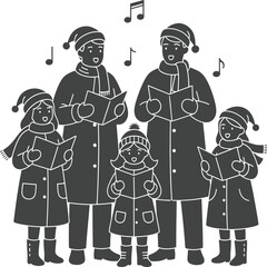 A family of five dressed in winter clothes singing Christmas carols from songbooks.