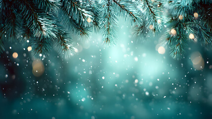 Teal Christmas bokeh lights with falling winter snow