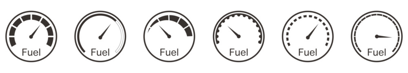 fuel gauge icon set. vector illustration. fuel gauge indicator, dashboard scale icon, car control sensor sign, gasoline indicatior collection icons – vector