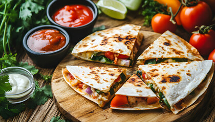 Mexican Quesadilla sliced with vegetables and sauces on the table