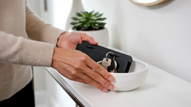 Person Placing Keys and Phone in Bowl on Table.