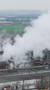 reveals steam rising from chimneys industrial factory oudegem belgium illustrates activity within recycling plant close up forward aerial drone shot view vpk packaging group 