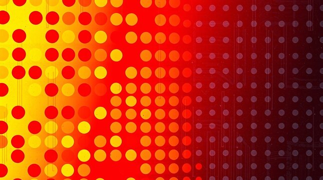 Abstract Halftone Pattern with Bright Yellow Circles and Red Dots on Dark Background.