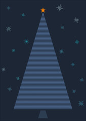 dessin d'un sapin bleu surmont&eacute; d'une &eacute;toile orange au milieu des flocons de neige