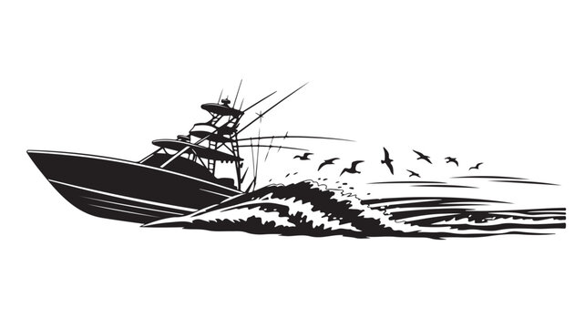 Dynamic fishing boat sailing through ocean waves with birds flying overhead, a powerful and timeless marine design perfect for nautical themes and coastal adventures