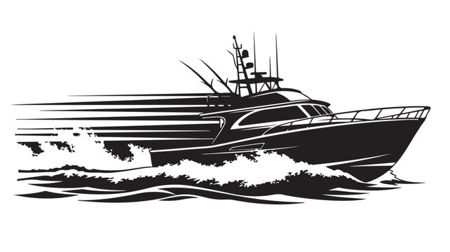 Powerful fishing boat speeding through ocean waves, a dynamic representation of maritime adventure and thrilling offshore excursions, perfect for boating enthusiasts and nautical designs