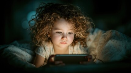 A young girl happily smiles while she uses her smartphone under her cozy blankets in the comfort of night