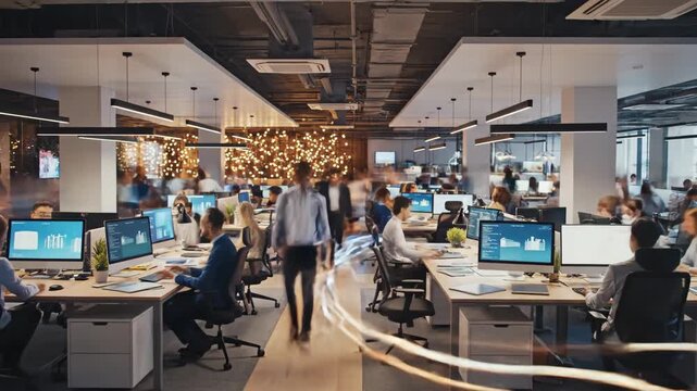 Dynamic open office buzzes with focused energy as teams collaborate on innovative projects in a modern workspace setting