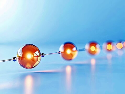 A close-up, shallow depth of field shot shows a chain of translucent spheres with glowing orange interiors strung along a thin wire against a soft blue backgrou - Powered by Adobe