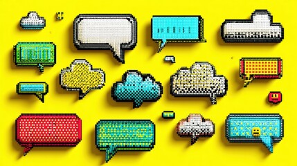 A vibrant pixel art image that showcases lively speech bubbles and lively emojis set against a sunny yellow backdrop