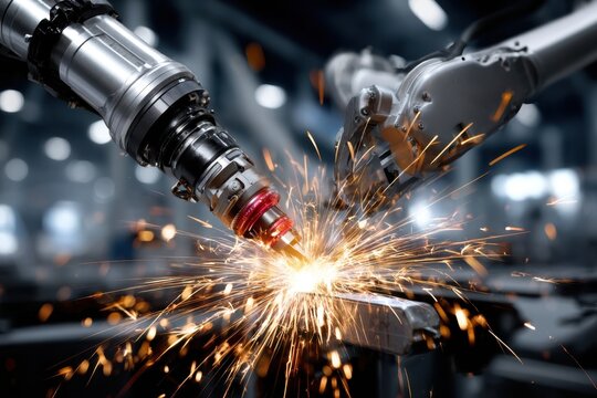 Robotic arms performing welding in a modern industrial workshop at night