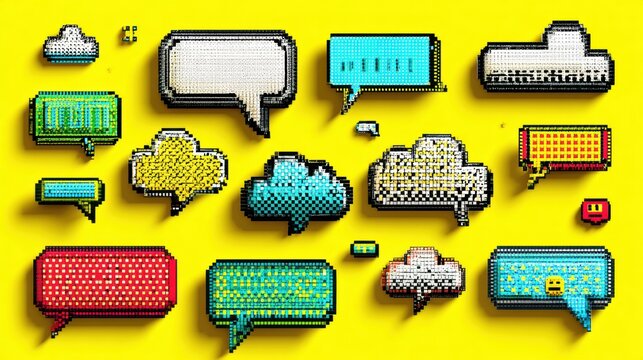 A vibrant pixel art image that showcases lively speech bubbles and lively emojis set against a sunny yellow backdrop
