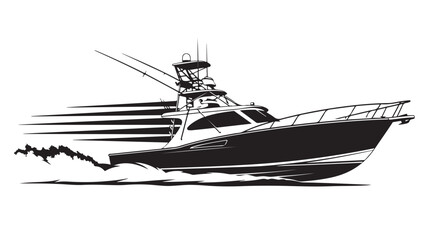 Powerful sport fishing boat cruising through ocean waters, a dynamic monochrome marine adventure, evoking thrill and the promise of a big catch, perfect for nautical themes