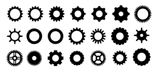 Gears shapes line icons. Flat machine gear icon. Wheel cogwheel vector. Simple outline isolated elements. Black gear.