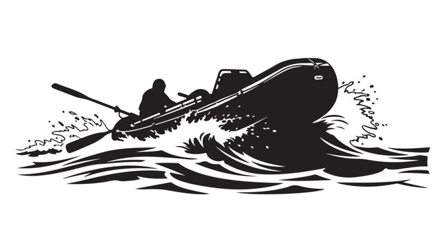 Exciting adventure awaits as a silhouette navigates a black rubber raft through choppy waters with paddle in hand, perfect for travel blogs and outdoor gear promotions