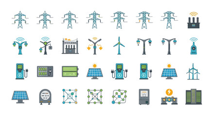 Collection of Icons Representing Electricity Generation and Distribution Infrastructure.