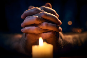 A man's hands are folded in prayer before a candle
