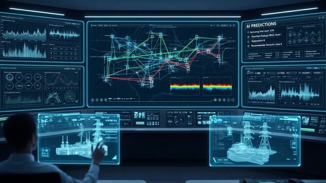 Control room operator utilizing advanced AI technology and holographic displays for network and