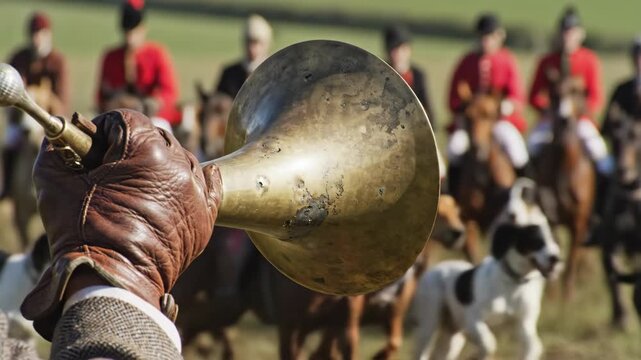 Amidst the lush greenery, a hand holds a gleaming hunting horn, signaling the start of an exciting hunt. Eager riders in bright red tunics await their cue, while dogs scurry nearby.