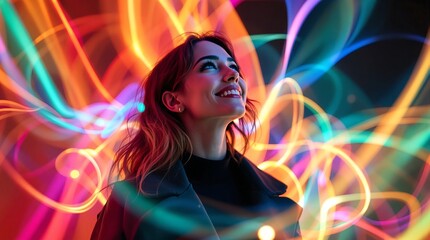 Colorful light trails surround a smiling woman in a vibrant, modern setting at night