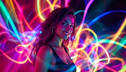 Bright night scene with a smiling woman surrounded by colorful light trails