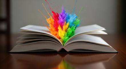 Open book unleashing a vibrant spectrum of colors and imagination