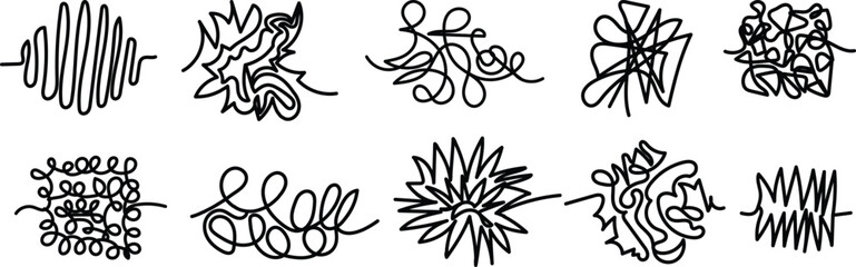 Obraz premium Set of chaos lines. Hand drawing tangled clew. Insane scribble lines or confused brain doodle scribbles symbols. Vector illustration. Isolated on white background.