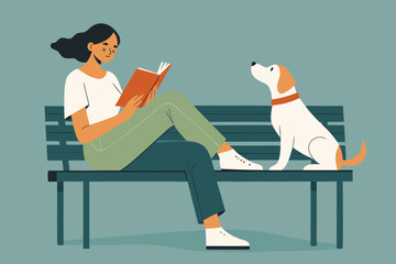 -woman-relaxing-on-park-bench-reading-book-with-do.eps