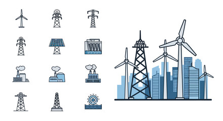 Modern Cityscape with Wind Turbines and Power Infrastructure.