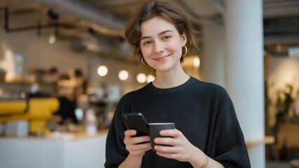 Young professional smiling as they pay for a stranger’s coffee using a smartphone app in a modern café, symbolizing digital generosity, everyday kindness, and contemporary acts of compassion in - Powered by Adobe