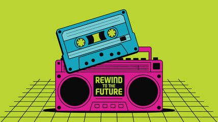 Vibrant 80s retro boombox and cassette tape evoke nostalgia for classic music and vintage style, perfect for throwback designs and retro themes