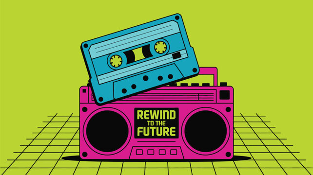 Vibrant 80s retro boombox and cassette tape evoke nostalgia for classic music and vintage style, perfect for throwback designs and retro themes