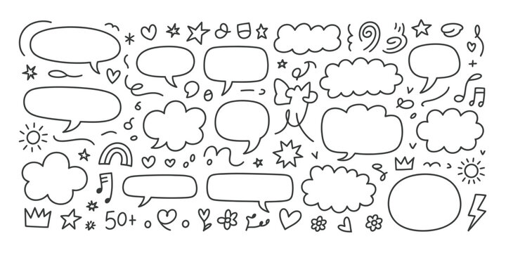 Hand drawn doodle speech bubbles and whimsical elements clouds
