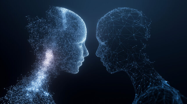 Human and Artificial Intelligence Confrontation and Connection, Futuristic Digital Plexus Profile