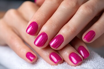 Beautiful hands with glossy pink nail polish on white towel in a serene setting