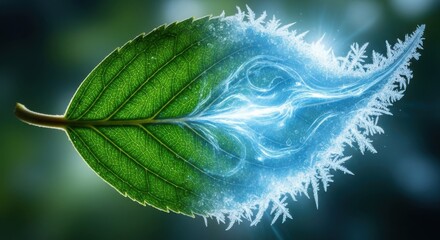 Frozen leaf with ice crystals and water droplets reflecting nature s beauty