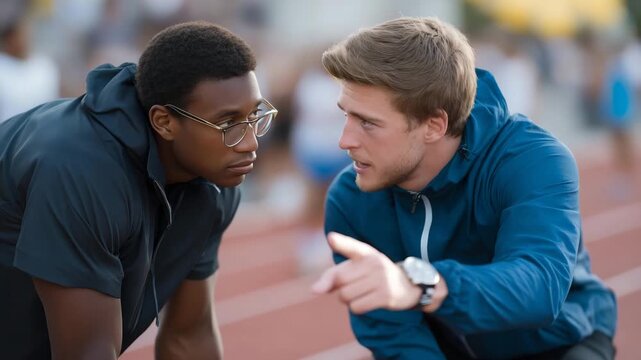 A coach timing a runner with a stopwatch, symbolizing precision, measurable progress, and structured athletic preparation. cinematic color correction, natural uneven lighting yet gentle backlight,