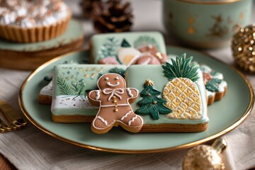 Gingerbread man and decorated cookies on a plate for the holidays